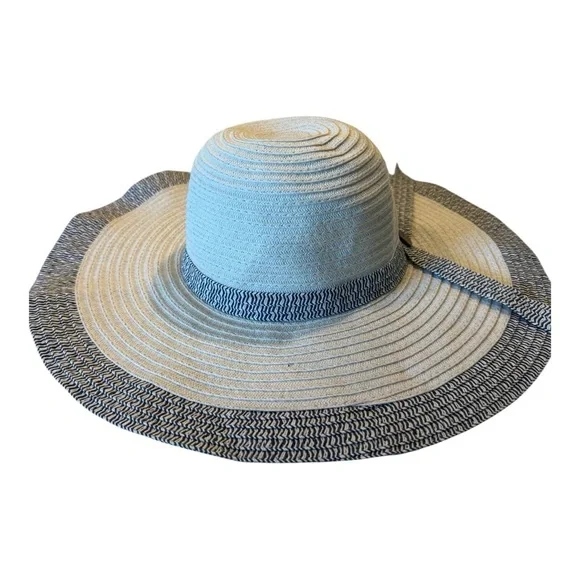 World Market Wide Brim Straw Hat with Blue‎ Trim and Bow With Button Style - Picture 14 of 15
